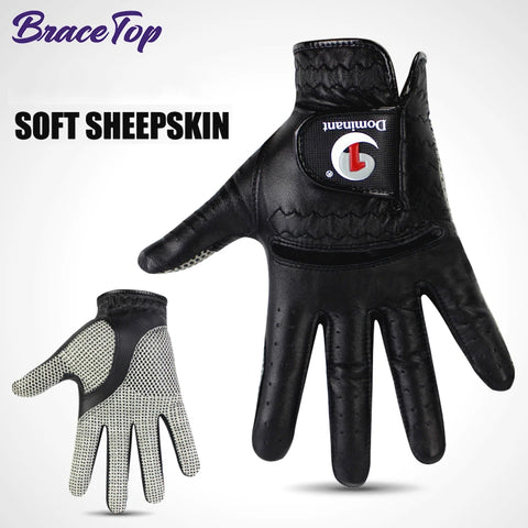 BraceTop 1 Pair Men's Golf Gloves Left Hand Right Hand Soft Breathable Pure Sheepskin with Anti-slip Granules Black Golf Gloves
