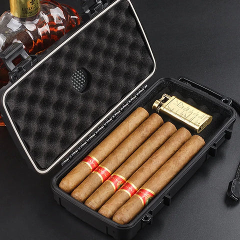Cigar Humidor Box Waterproof Cigarettes Cutter Lighter Case Portable 5PCS Cigarro