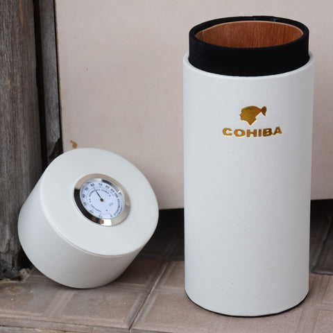 COHIBA Cigar Case, Cedar Wood Lined Tube, Portable Mini Humidor with Long Humidifier Hygrometer